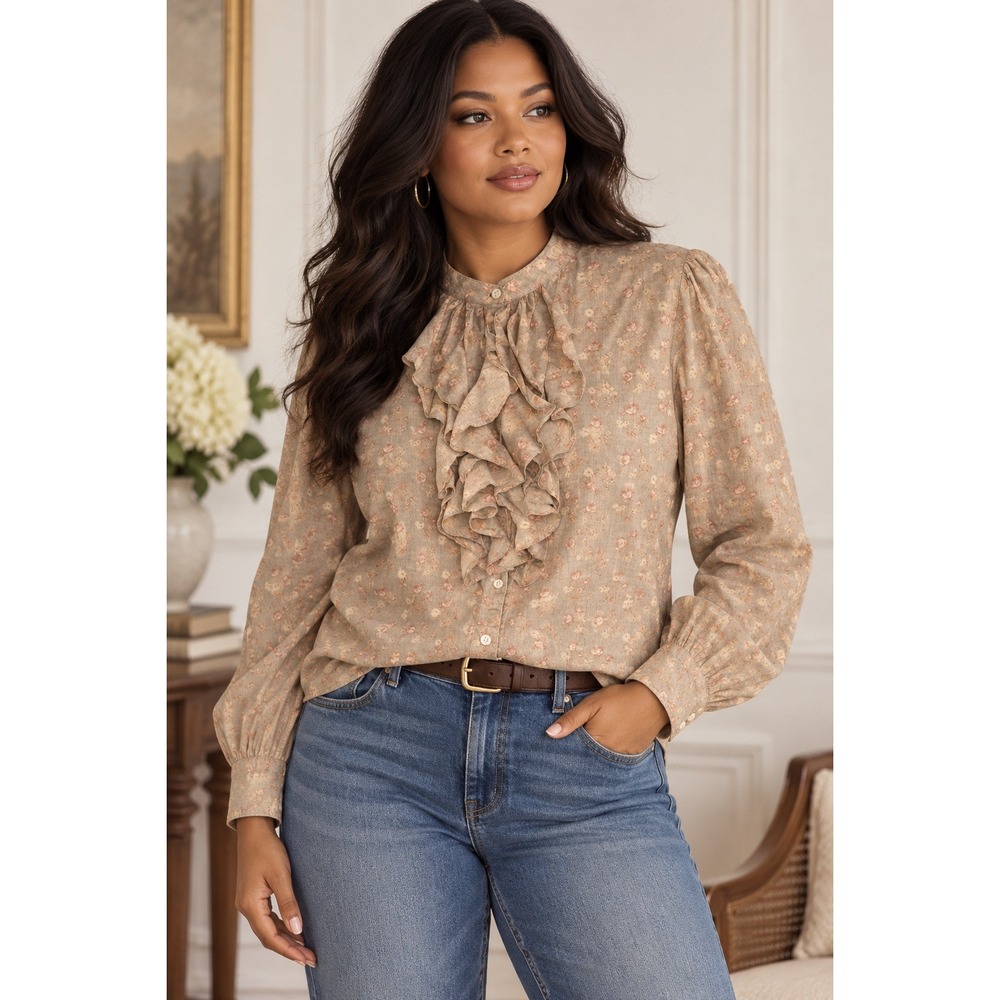 Lauren Ralph Lauren XL Floral Ruffle Button Front Blouse Cottagecore Cotton